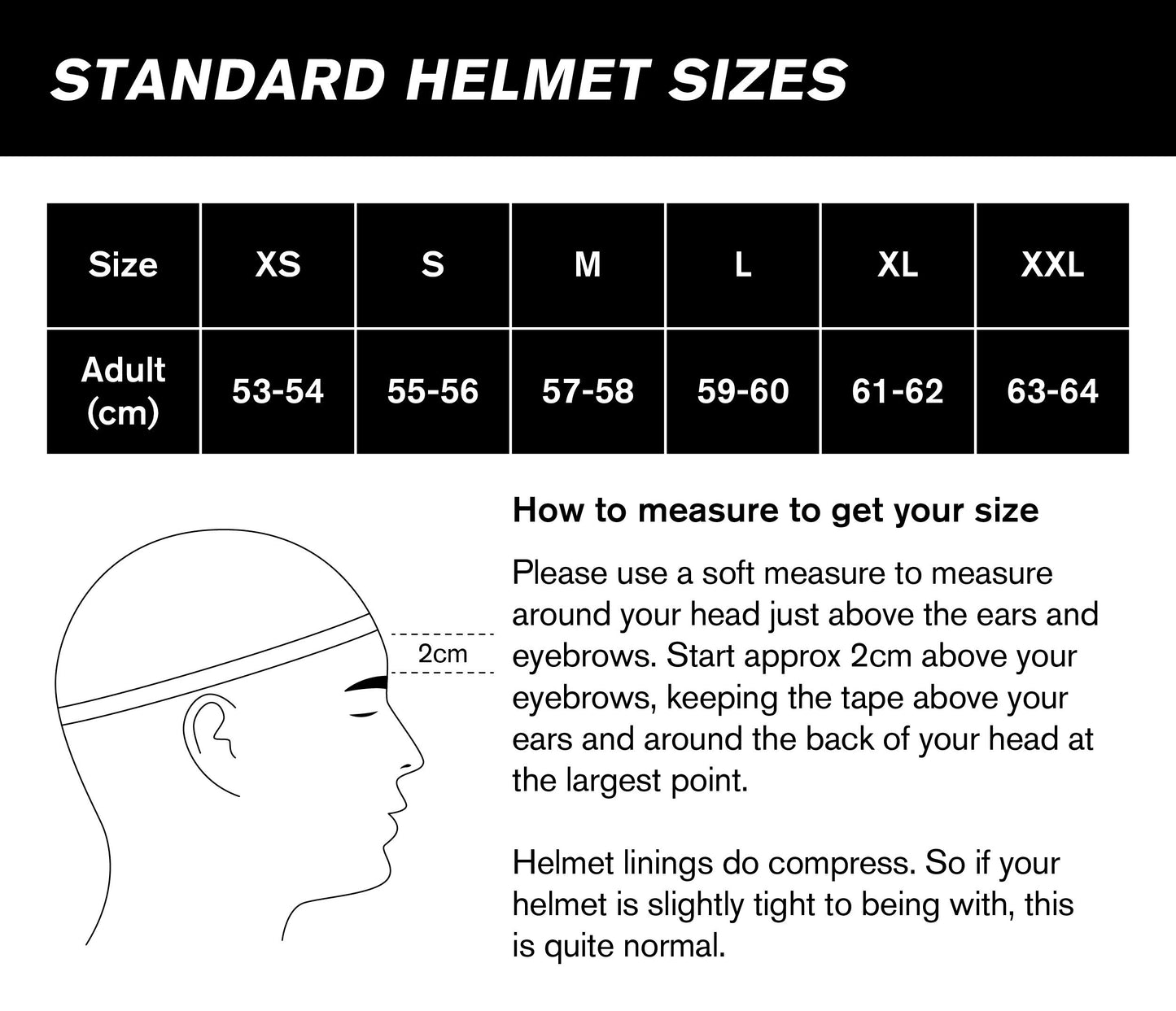 Size guide for JDC Product's Sabre Motorcycle helmets.