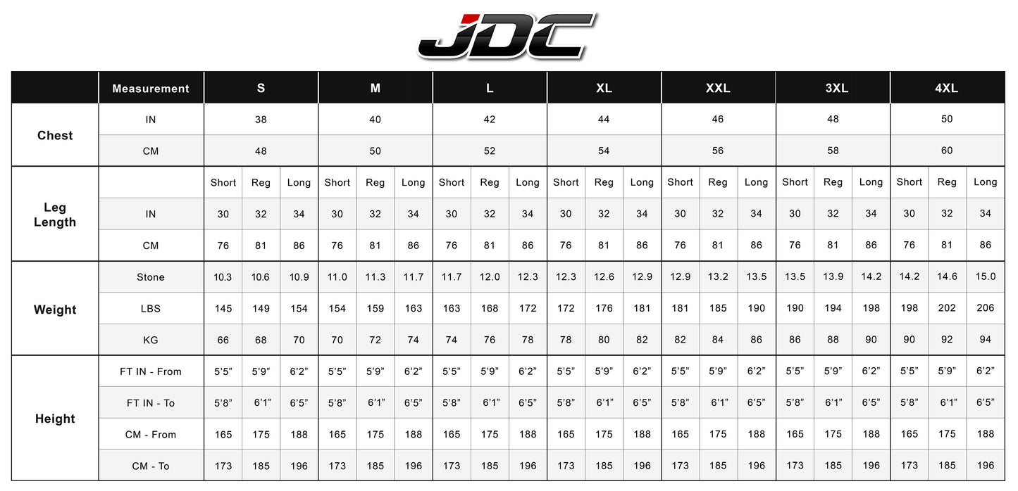 JDC Product's Shield Motorcycle Rain Suit size guide