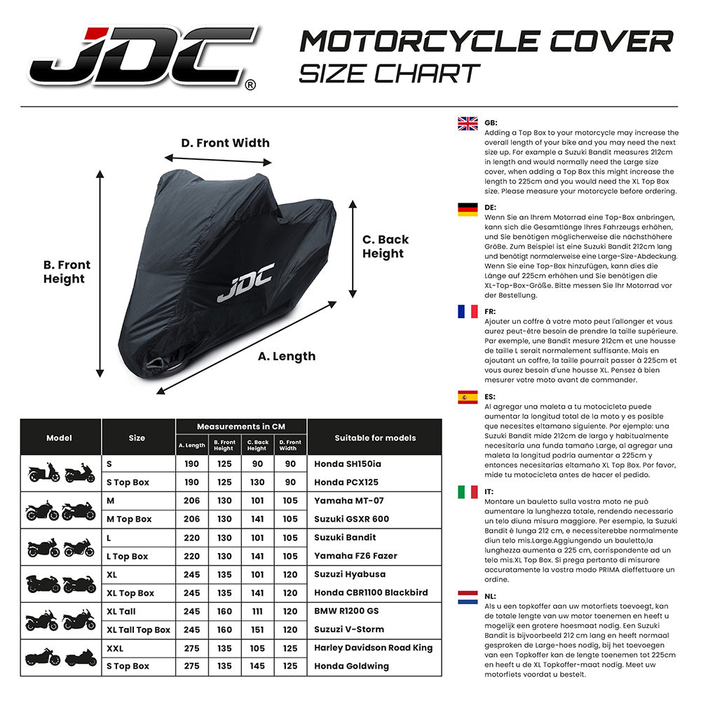 JDC Product's waterproof motorbike cover dimensions