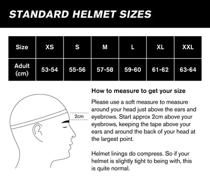 Size guide for JDC Product's Sabre Motorcycle helmets.