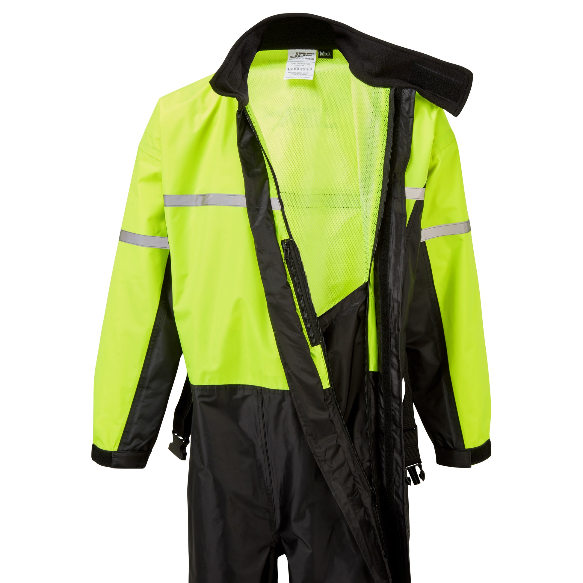 JDC Product's Shield Motorcycle Rain Suit high vis front view zip open