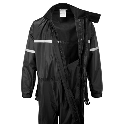 JDC Product's Shield Motorcycle Rain Suit black front view zip open