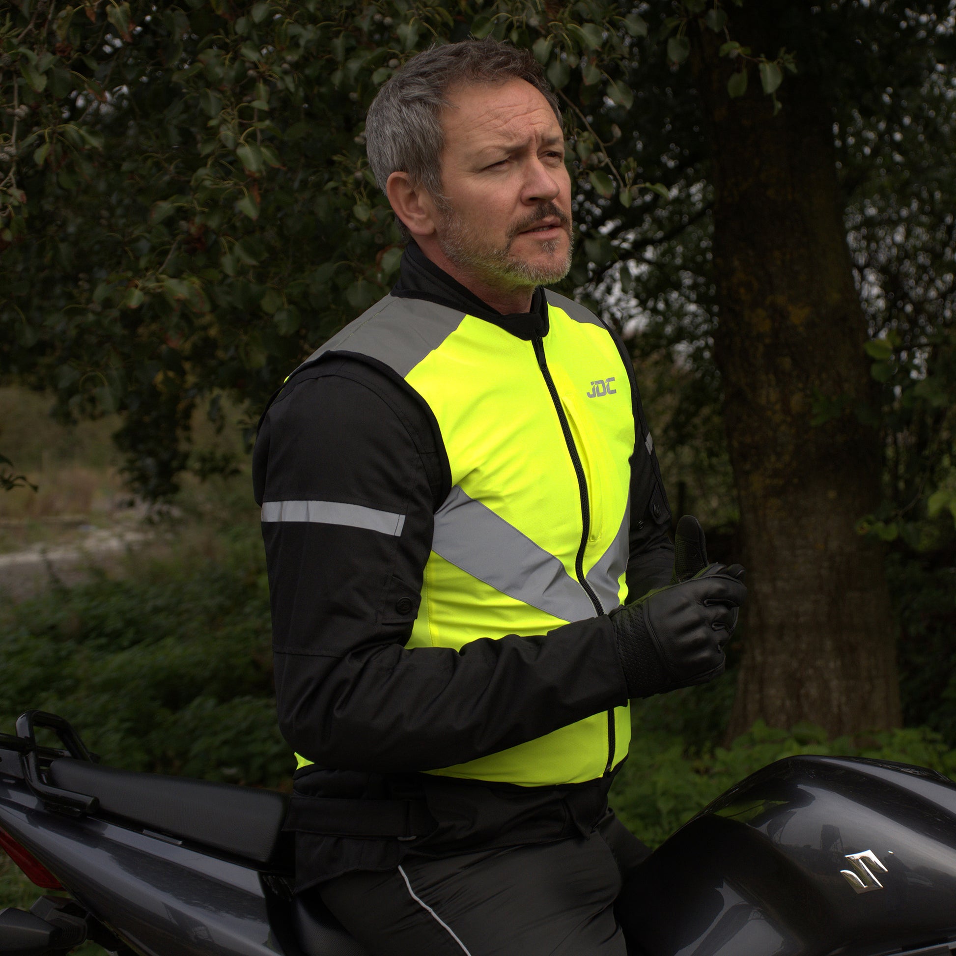 JDC Product's Axis hi vis jacket for bikers modelled 