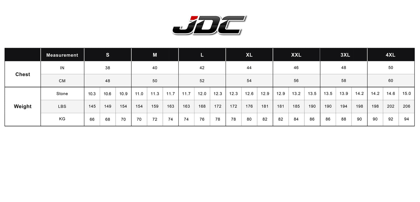 JDC Product's Shield Motorcycle Rain Jacket size guide