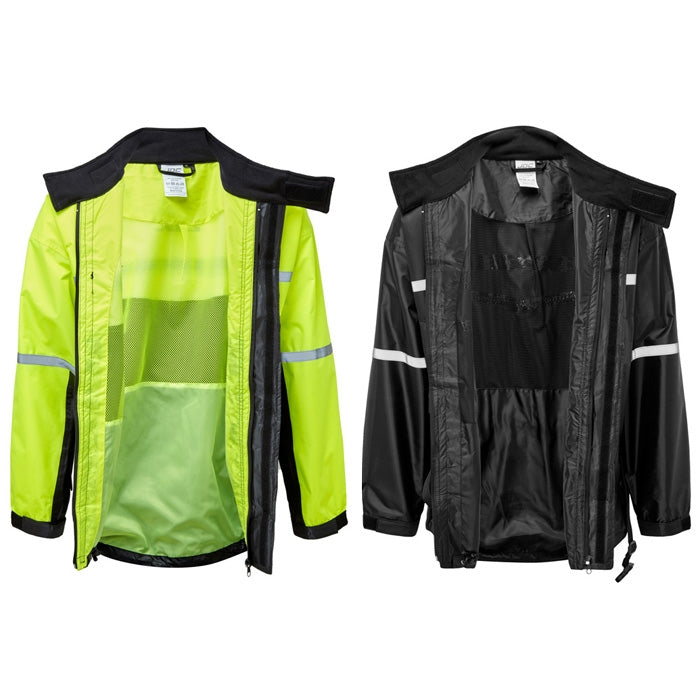 JDC Product's Shield Motorcycle Rain Jacket high vis and black front view zips open